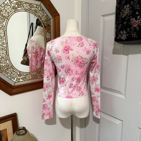 Dolls Kill Sugar Thrillz Pink & White Romantic Floral Sweetheart Coquette Top S - Picture 4 of 7